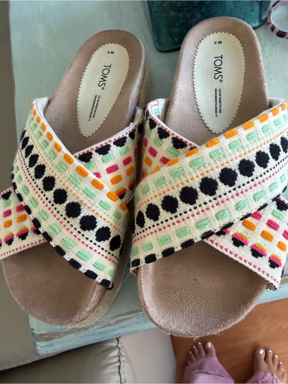 Toms Cream Crossband Embroidered Slide Sandals with Multicolor Accents